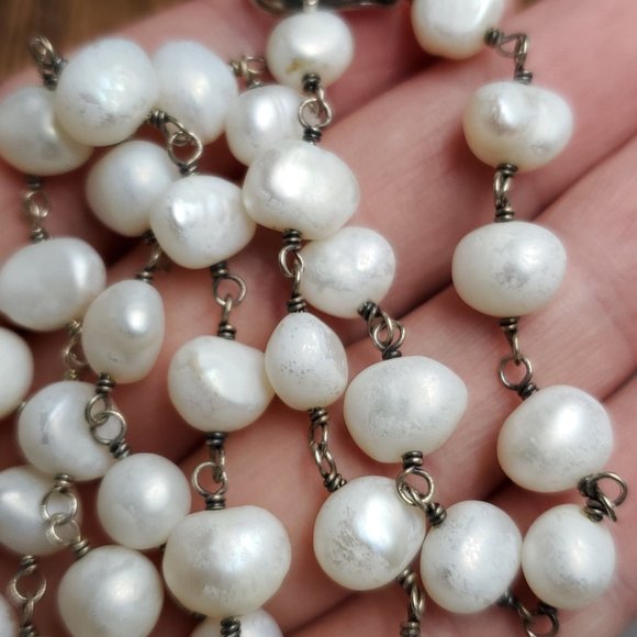 32 Inch Sterling Silver Rustic Genuine Pearls Long Necklace - Picture 4 of 7